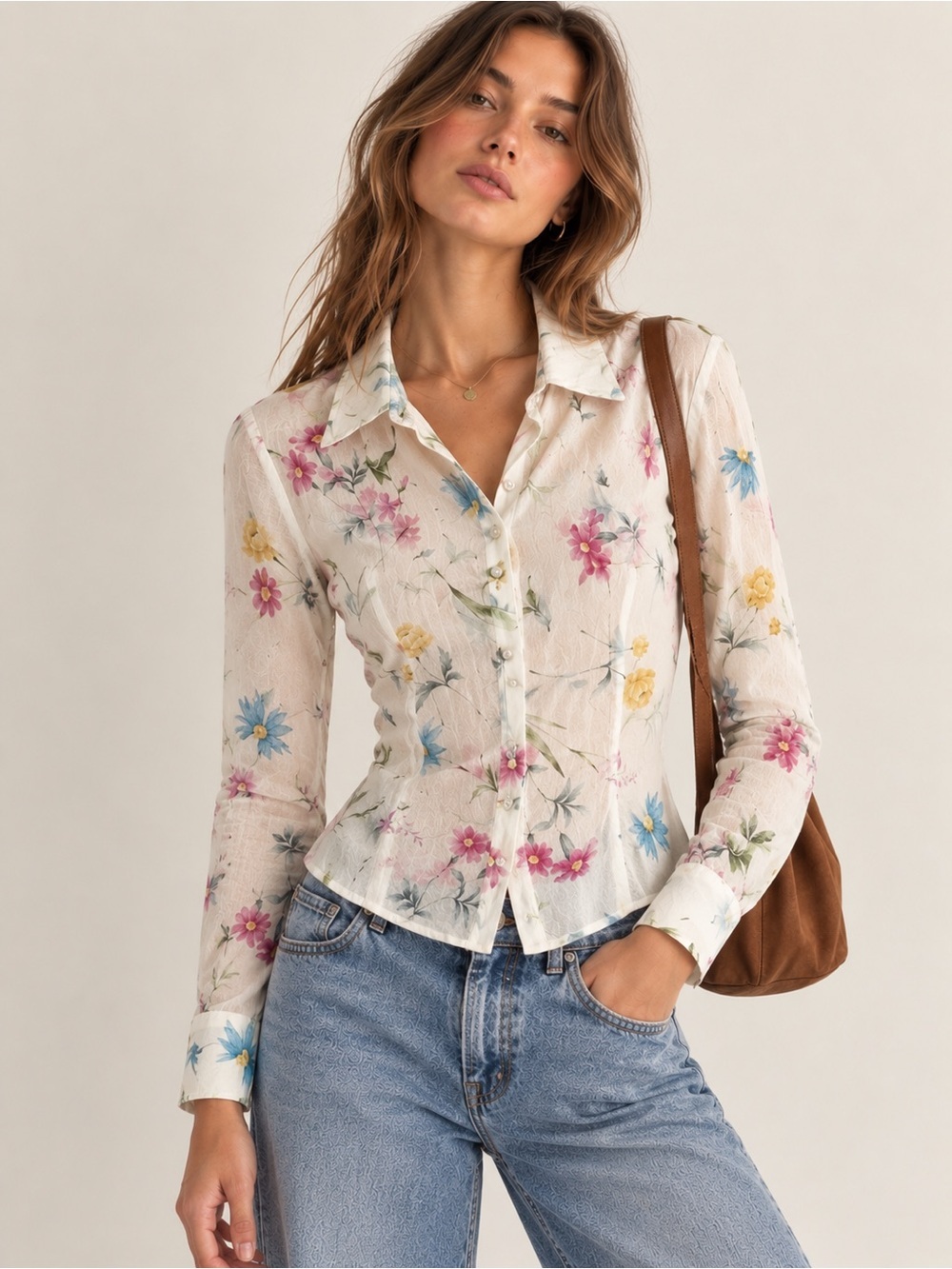 Vintage Dainty Coquette Floral Silk Button Down Blouse Top Sheer Fairy Feminine